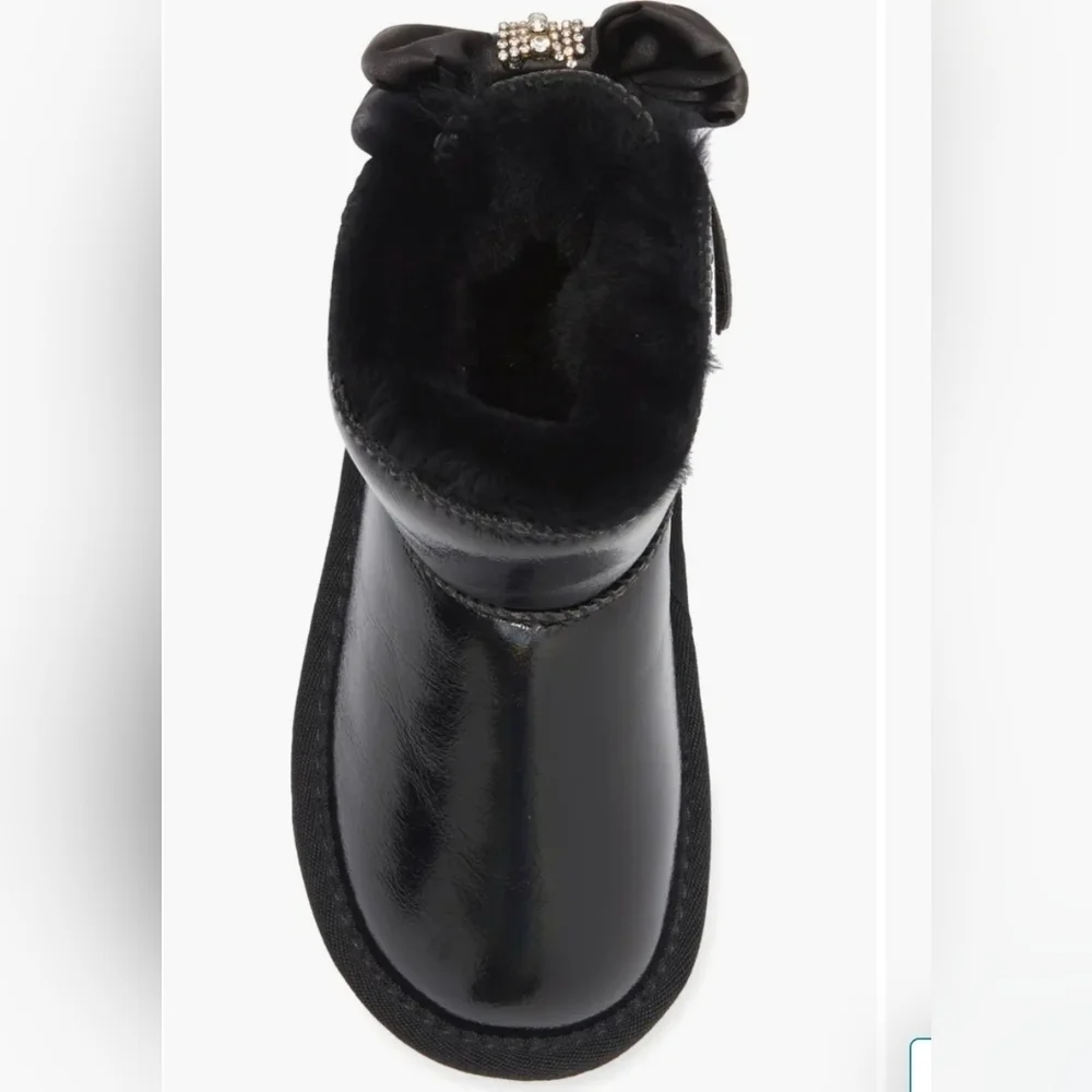Metallic Black Faux Fur Rhinestone Tassel Bow Boots